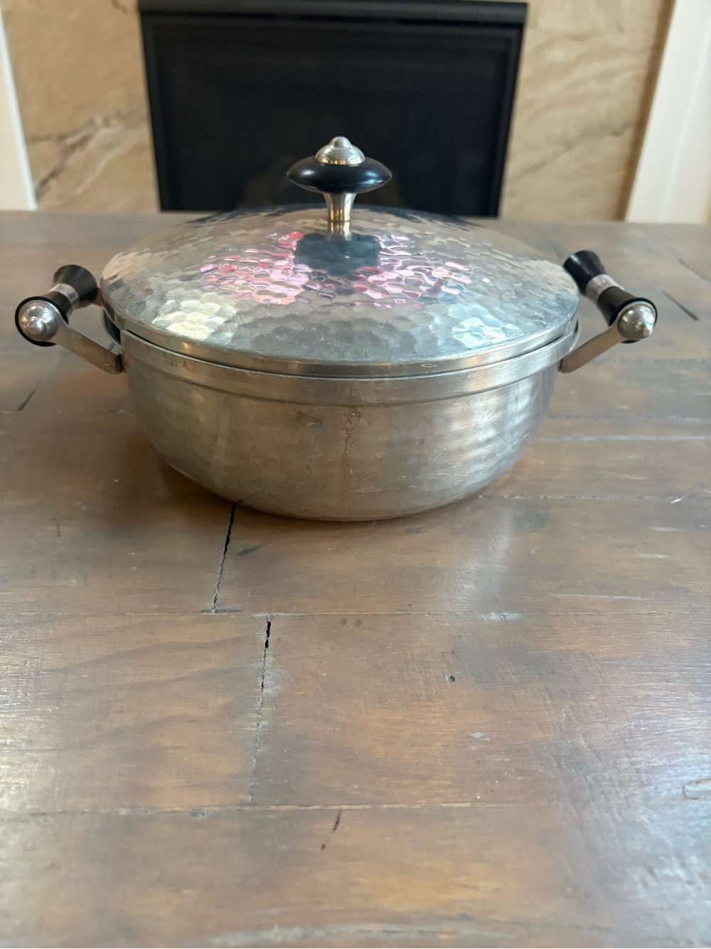Vintage Hammered Stainless Steel Serving Casserole with Black Handle